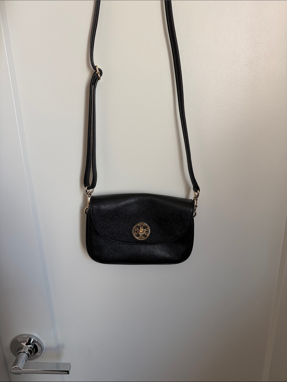 Tory Burch Black Leather Crossbody with Gold Logo